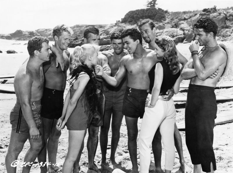 Sandra Dee recreating Kathy Kohner's introduction to the Pit Crew in Gidget, 1959.
