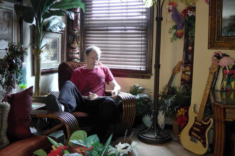 The author at work in the ticky, tacky, tiki room