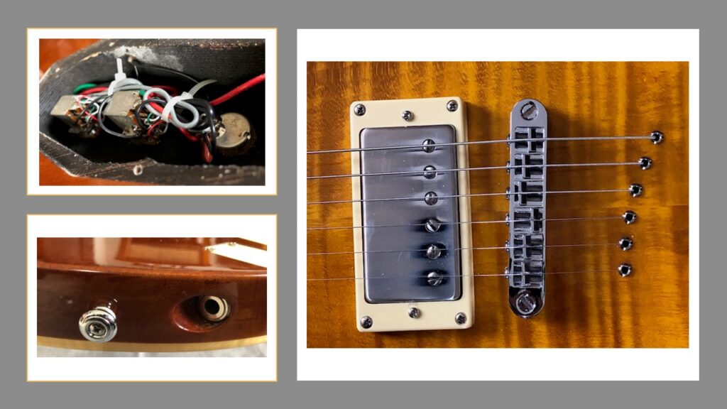 The coil tap pull pots, the strings through body, and the up-angled input jack.