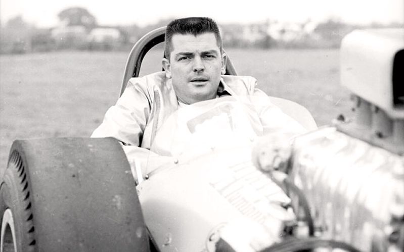 Mickey Thompson behind the wheel of one of his slingshot dragsters